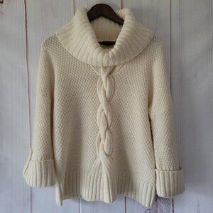 Talbots Chunky Knit Cowl Neck ¾ Length Sleeve Sweater, Women’s Petite M, Cream